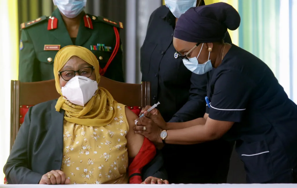 Tanzania's President Samia Suluhu Hassan receives her Johnson & Johnson vaccine against the coronavirus disease (COVID-19) at State House in Dar es Salaam, Tanzania July 28, 2021. REUTERS/Emmanuel Herman